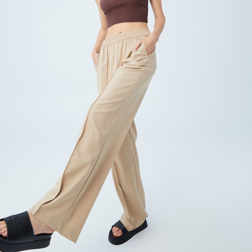 Cotton On High Waisted Pintuck Drew Wide Leg Pants Linen Taupe Women's Size 0